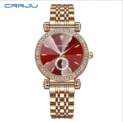 CRRJU 5011 Quartz Wrist Watches for Women Ladies Diamond Luxury Hardlex Mirror Alloy Case Stainless Steel Waterproof Wristwatch