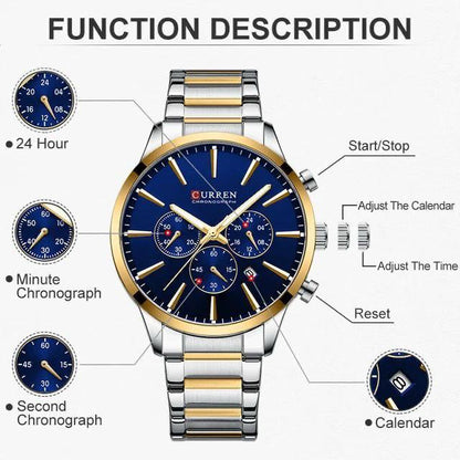 Curren 8435 New Style Fashion Casual Quartz Watch Stainless Steel Band Waterproof Date Display Chronograph Hand Watch for Men