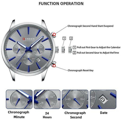 Curren 8435 New Style Fashion Casual Quartz Watch Stainless Steel Band Waterproof Date Display Chronograph Hand Watch for Men