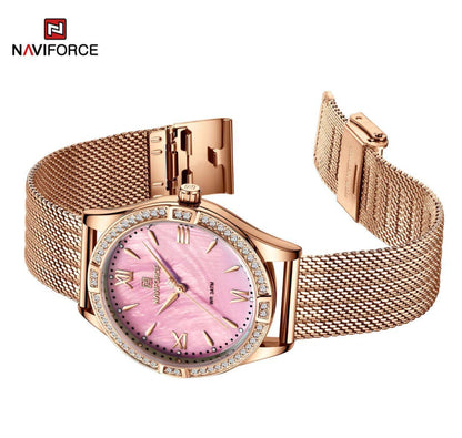 NAVIFORCE 5028 Top Luxury Brand Rose Gold Women Watch Quartz Lady Original Waterproof Wristwatch Mesh Stainless Steel Female Clock