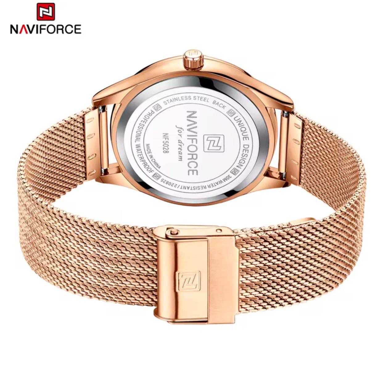NAVIFORCE 5028 Top Luxury Brand Rose Gold Women Watch Quartz Lady Original Waterproof Wristwatch Mesh Stainless Steel Female Clock