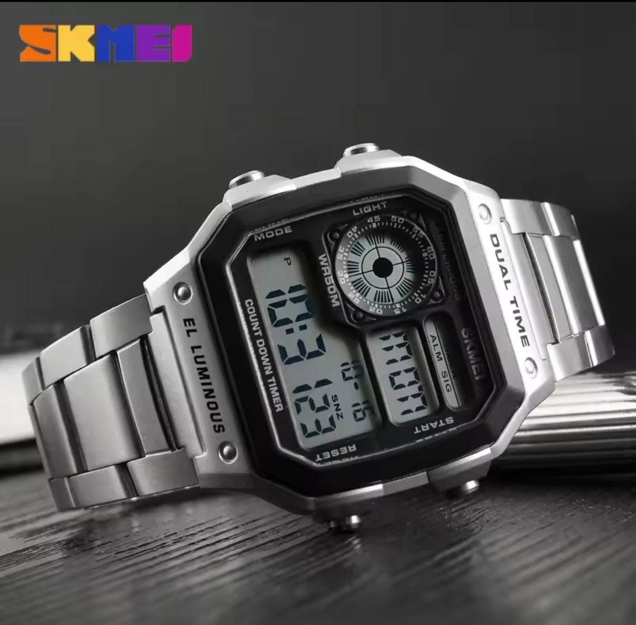 SKMEI 1335 Digital Sports Watch Men's Water Resistant Stainless Steel Band Electronic Square LED Back Light Wristwatch