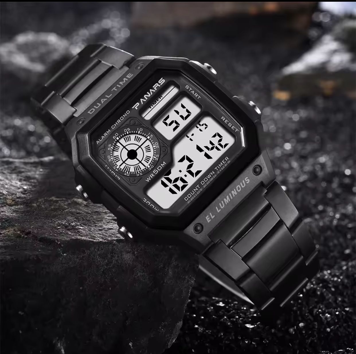 SKMEI 1335 Digital Sports Watch Men's Water Resistant Stainless Steel Band Electronic Square LED Back Light Wristwatch