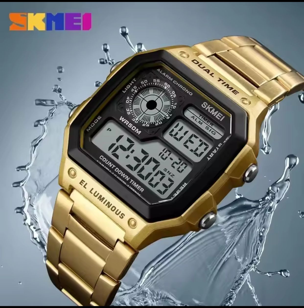 SKMEI 1335 Digital Sports Watch Men's Water Resistant Stainless Steel Band Electronic Square LED Back Light Wristwatch