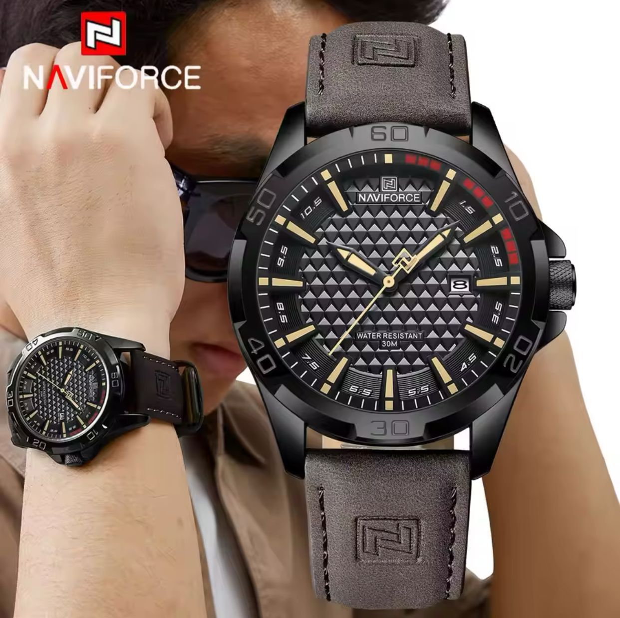 NAVIFORCE 8023 Male Wrist Watches Sports Anti-shock Waterproof Leather Strap Men Fashion Watch