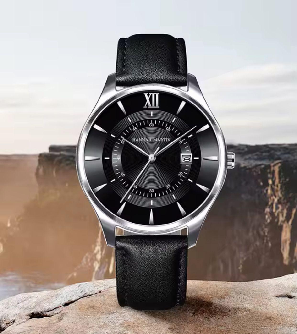 HANNAH MARTIN 1231 New Design Black Leather Business Calendar Wrist Watch Sports 30M Waterproof Watches for Men