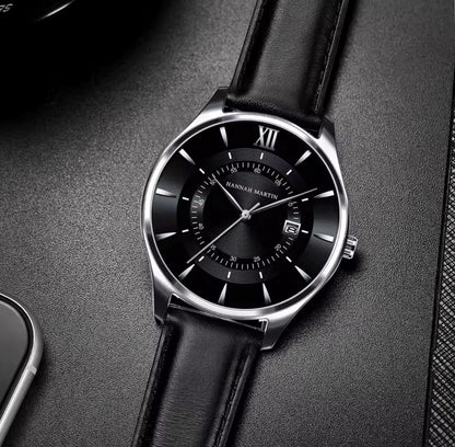 HANNAH MARTIN 1231 New Design Black Leather Business Calendar Wrist Watch Sports 30M Waterproof Watches for Men