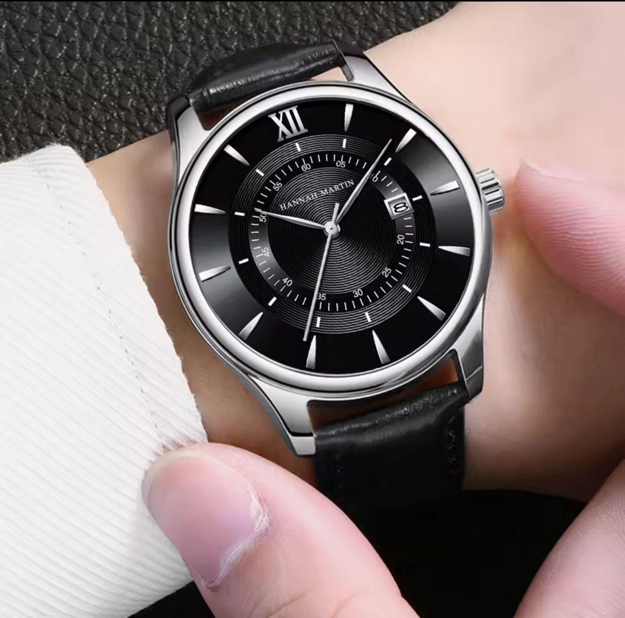 HANNAH MARTIN 1231 New Design Black Leather Business Calendar Wrist Watch Sports 30M Waterproof Watches for Men