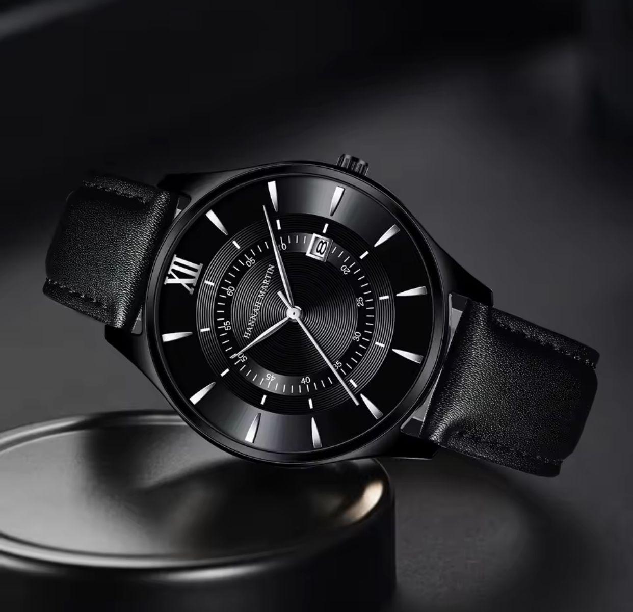 HANNAH MARTIN 1231 New Design Black Leather Business Calendar Wrist Watch Sports 30M Waterproof Watches for Men