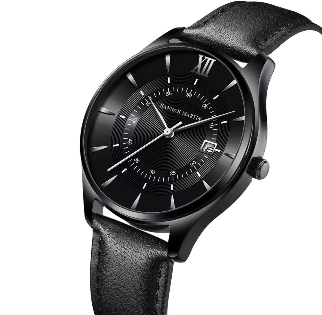 HANNAH MARTIN 1231 New Design Black Leather Business Calendar Wrist Watch Sports 30M Waterproof Watches for Men
