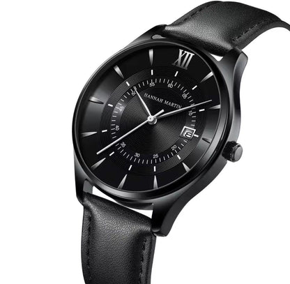 HANNAH MARTIN 1231 New Design Black Leather Business Calendar Wrist Watch Sports 30M Waterproof Watches for Men