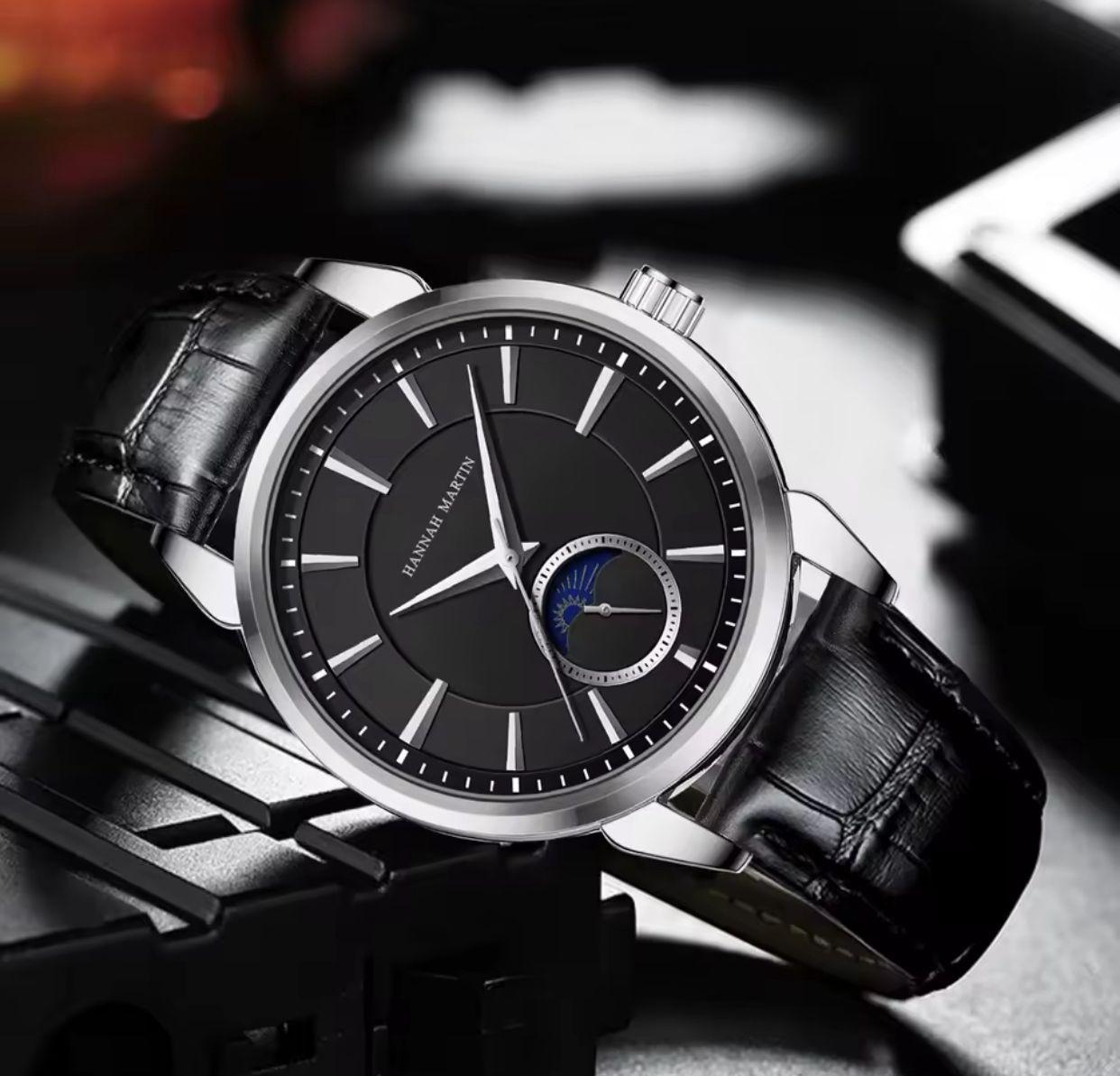 HANNAH MARTIN HM-1631 Watch Factory Original  Black Minimalist Leather Watch Mens Fashion Casual Quartz Wrist Watch