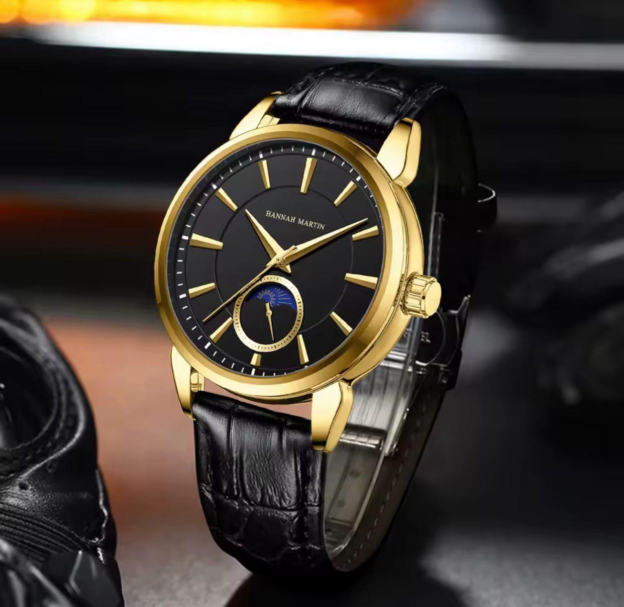 HANNAH MARTIN HM-1631 Watch Factory Original  Black Minimalist Leather Watch Mens Fashion Casual Quartz Wrist Watch