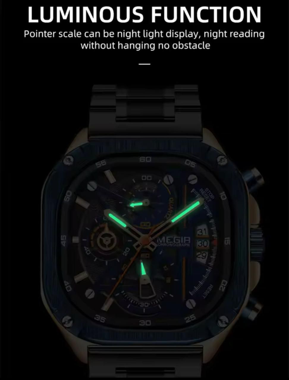 MEGIR 2217 Sport Orange Silicone Strap Quartz Watch Men Fashion Luminous Tonneau Dial Chronograph Wristwatch with Date