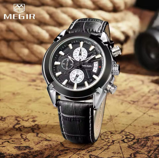 Megir 2020G Men's Watch Leisure Fashion Waterproof Quartz Watch Leather Calendar Chronograph