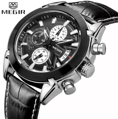 Megir 2020G Men's Watch Leisure Fashion Waterproof Quartz Watch Leather Calendar Chronograph