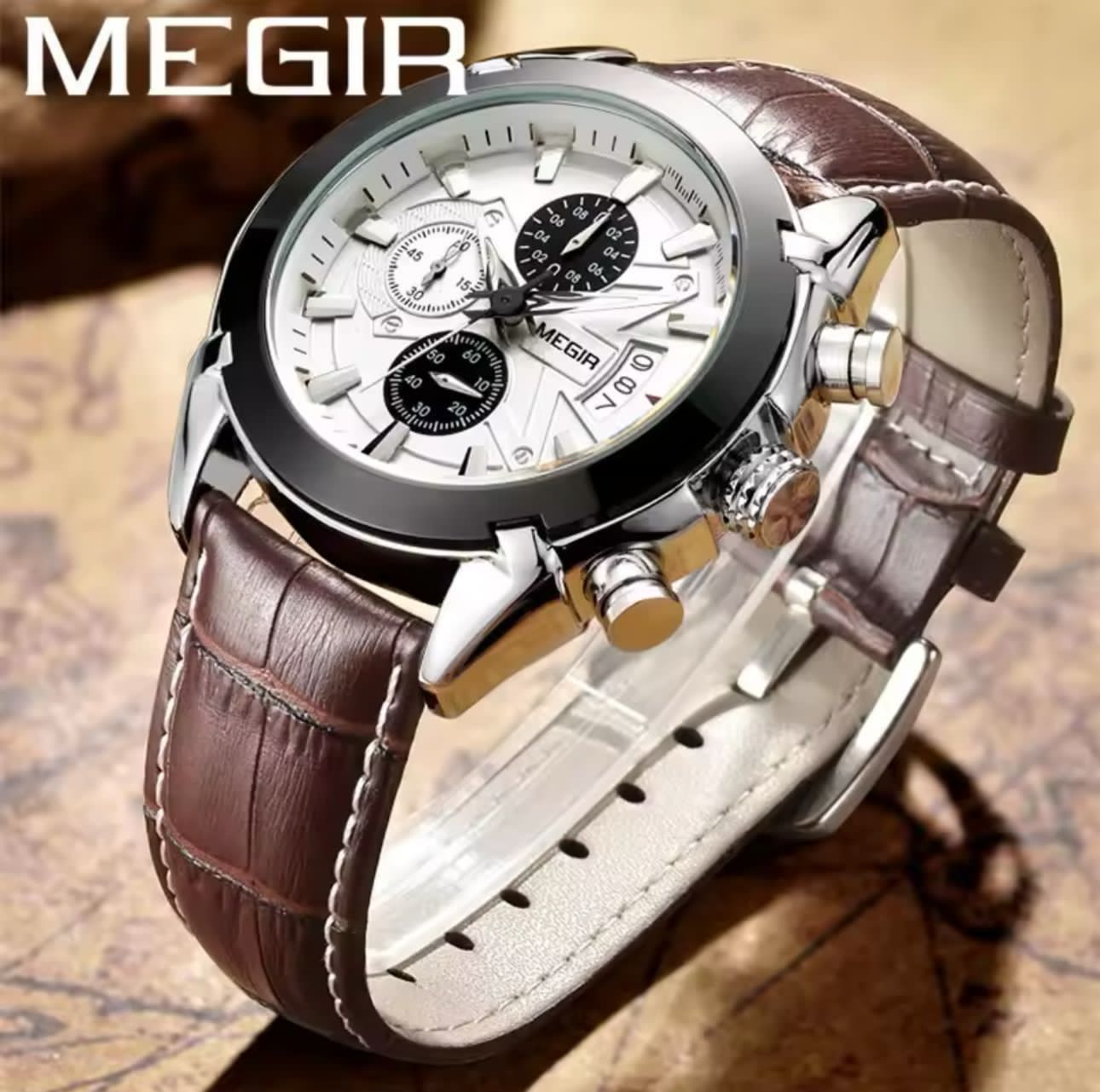Megir 2020G Men's Watch Leisure Fashion Waterproof Quartz Watch Leather Calendar Chronograph