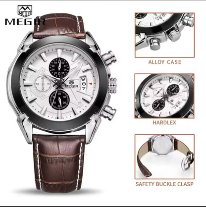Megir 2020G Men's Watch Leisure Fashion Waterproof Quartz Watch Leather Calendar Chronograph