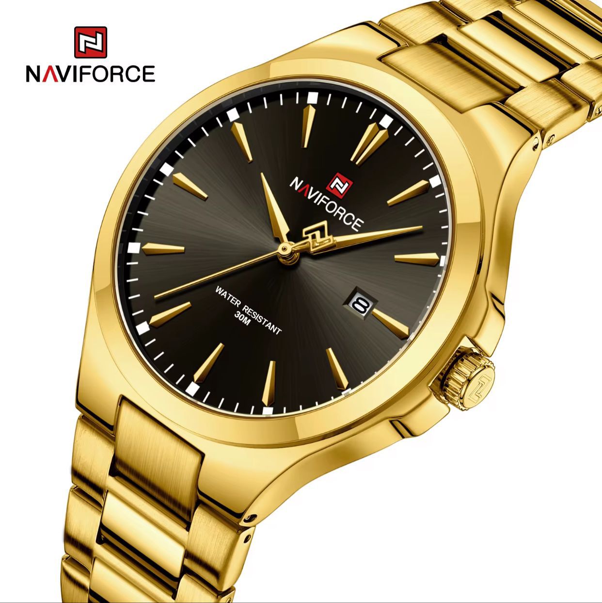 Naviforce 9214 NF9214 Business Quartz Watches Stainless Steel Strap Waterproof Analog Clock Wristwatches for Men