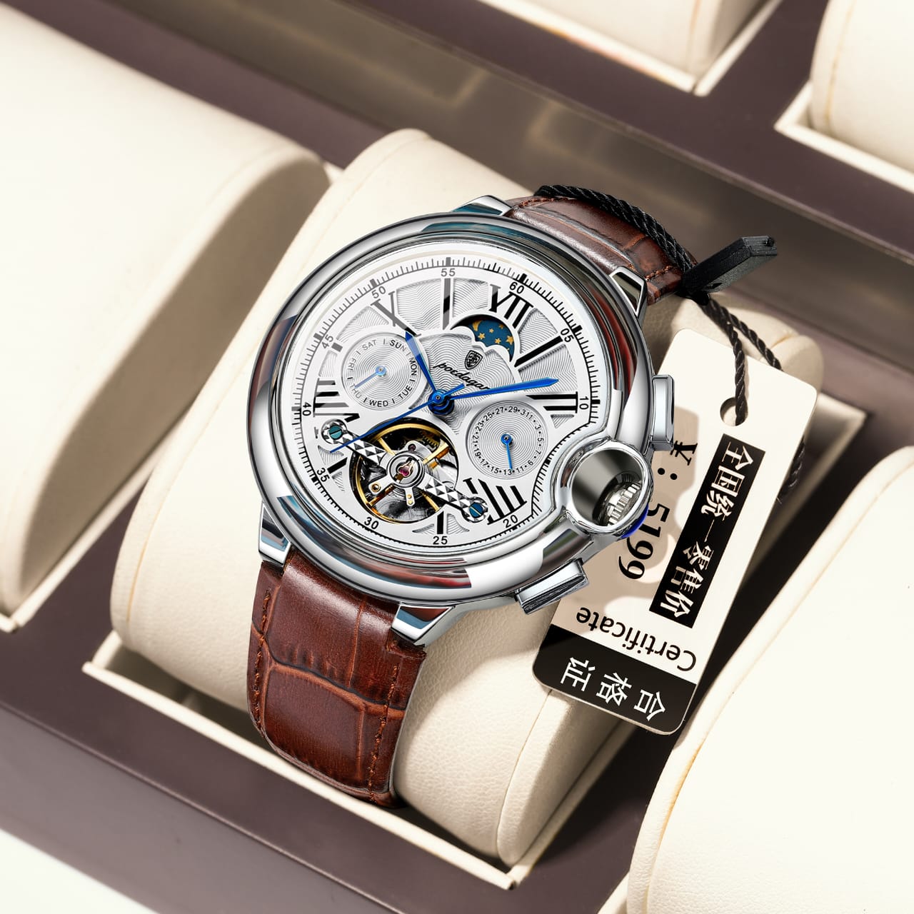 POEDAGAR 1413 Men's Automatic Mechanical Watch Multifunction Business Exquisite Gift for Men Friends Calendar Chronograph