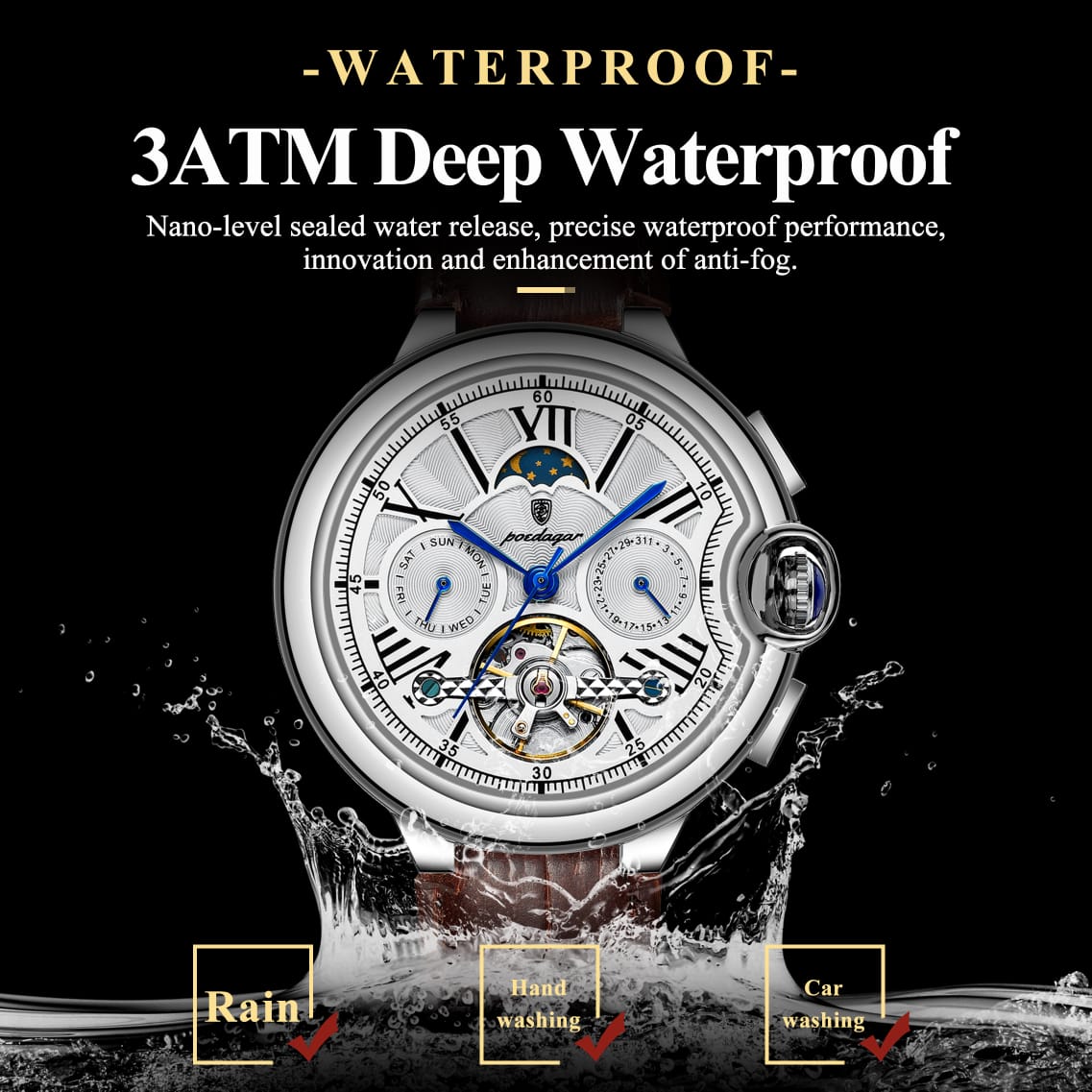 POEDAGAR 1413 Men's Automatic Mechanical Watch Multifunction Business Exquisite Gift for Men Friends Calendar Chronograph