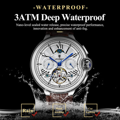 POEDAGAR 1413 Men's Automatic Mechanical Watch Multifunction Business Exquisite Gift for Men Friends Calendar Chronograph
