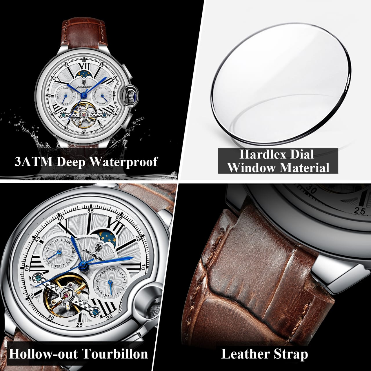 POEDAGAR 1413 Men's Automatic Mechanical Watch Multifunction Business Exquisite Gift for Men Friends Calendar Chronograph