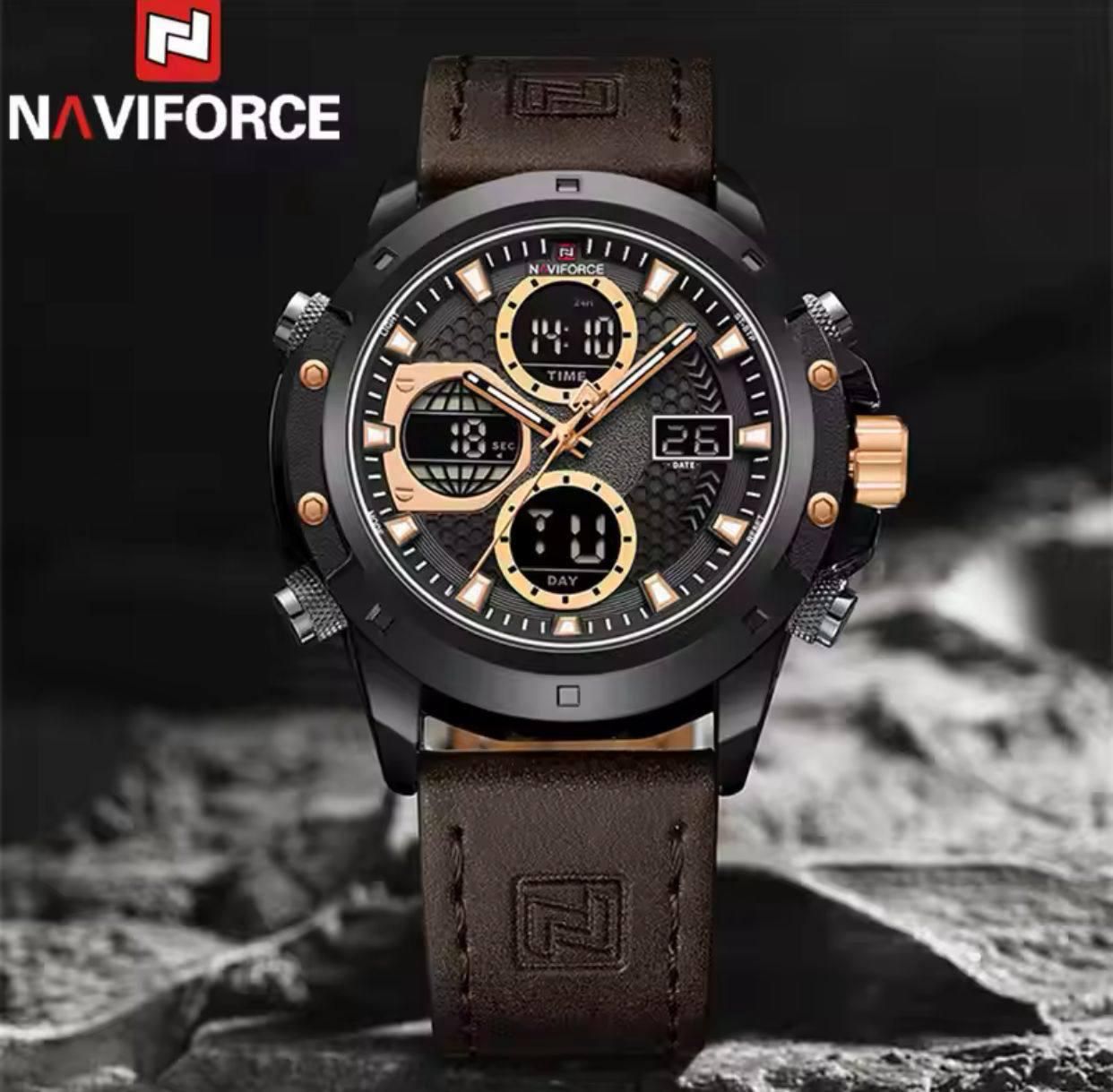 For NAVIFORCE 9197 Men's Luxury Sport Digital Wrist Watch 2026 Waterproof Steel Strap with Leather Band Carton-Style Design