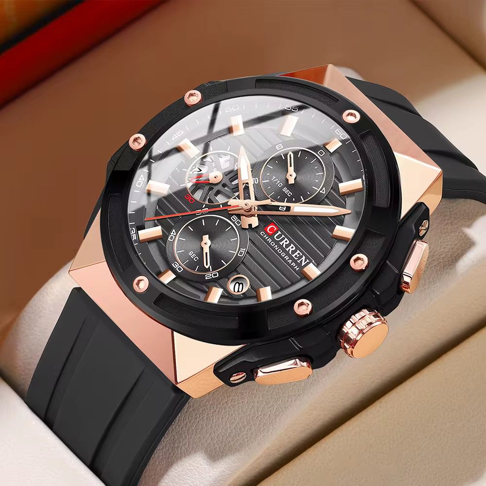 CURREN 8462 Men's Chronograph Quartz Watch with Silicone Strap Luminous Hands Multifunction Dial Waterproof Casual Sport Style