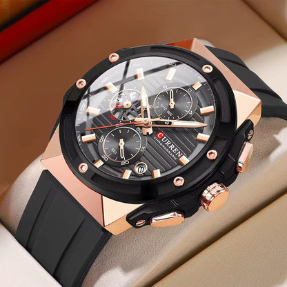 CURREN 8462 Men's Chronograph Quartz Watch with Silicone Strap Luminous Hands Multifunction Dial Waterproof Casual Sport Style