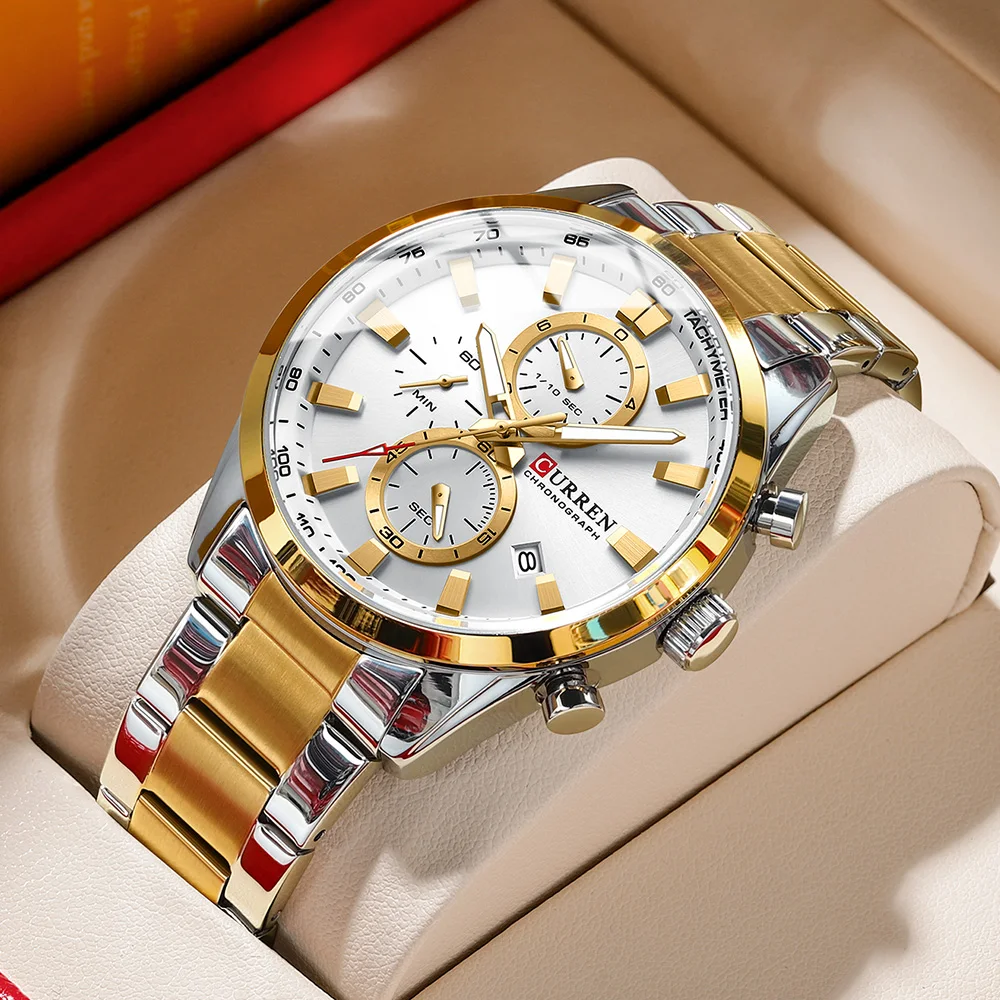 CURREN 8445 Casual  Brand Stainless Steel Band Wrist watches for Men New Chronograph Quartz Watches with Date