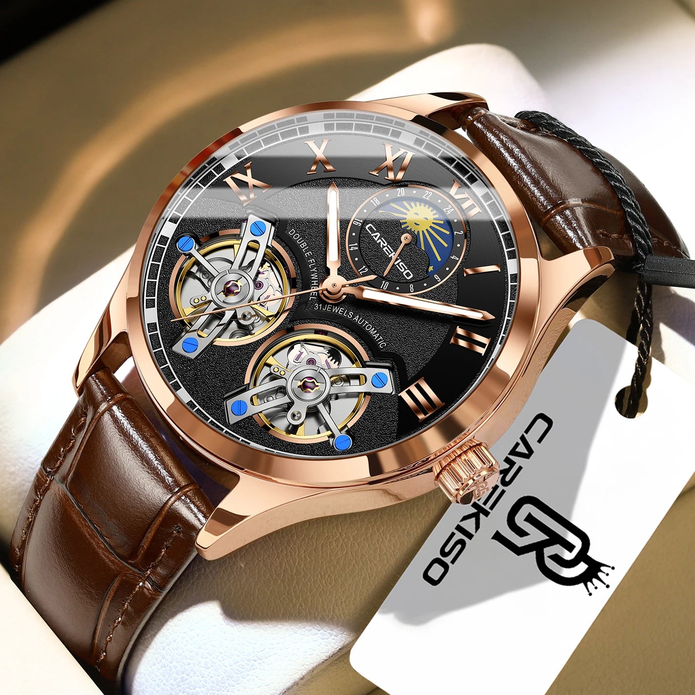 CAREKISO C123 Men Automatic Mechanical Watch Luxury Sport Leather Strap Waterproof Luminous Wristwatch