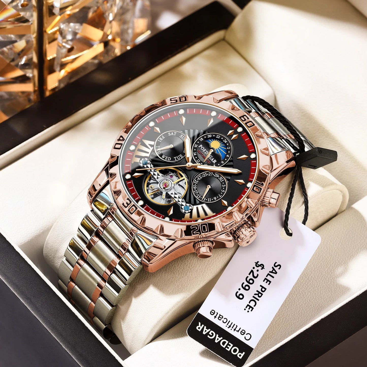 Poedagar 1410 Men Automatic Mechanical Watches Waterproof Luminous Stainless Steel Band Watch Hollow Tourbillon Wristwatches