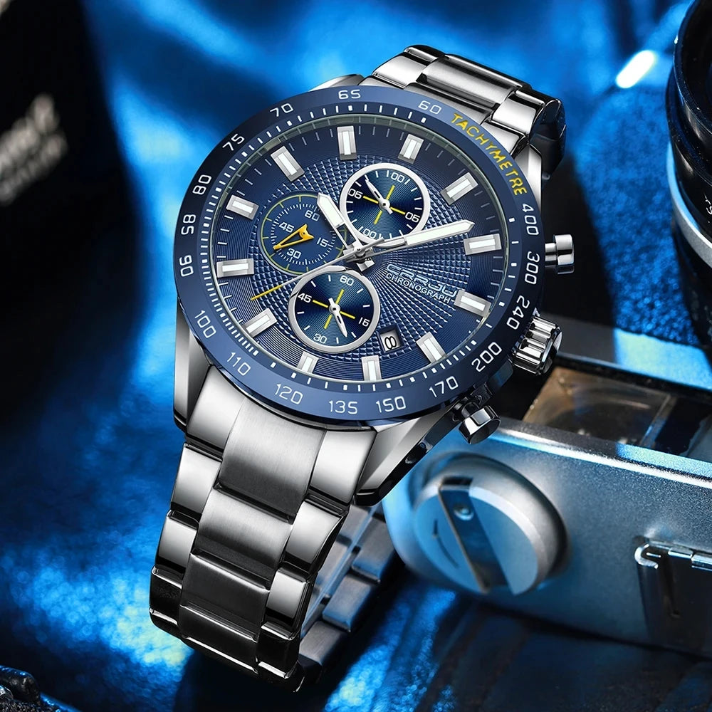 CRRJU 2306 Men Watch Luminous Hands Sports Casual Quartz Wristwatches Chronograph Fashion Stainless Steel Auto Date