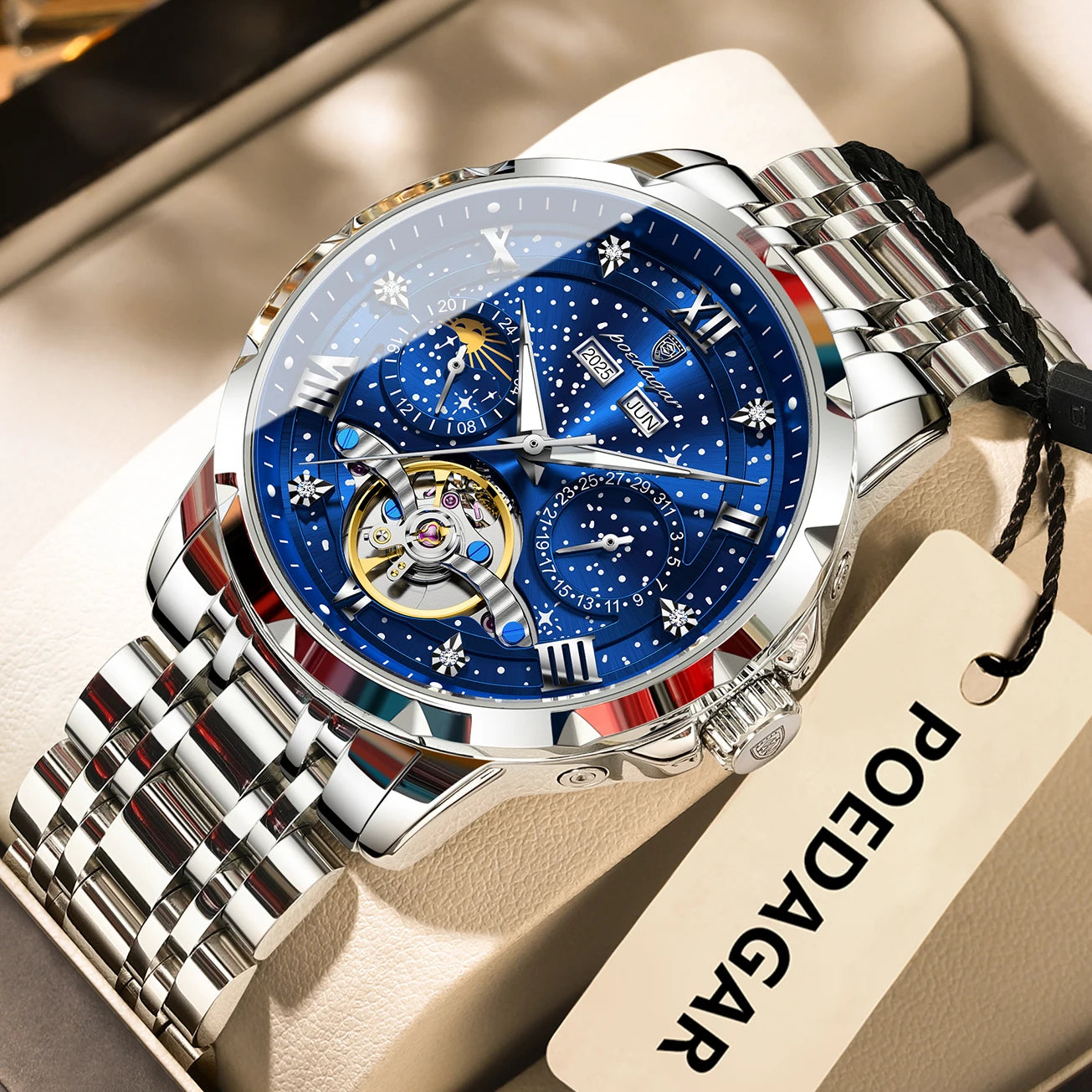 POEDAGAR 1420 Stainless Steel Tourbillon Automatic Movement 30M Waterproof Luminous Mechanical Watch for Men