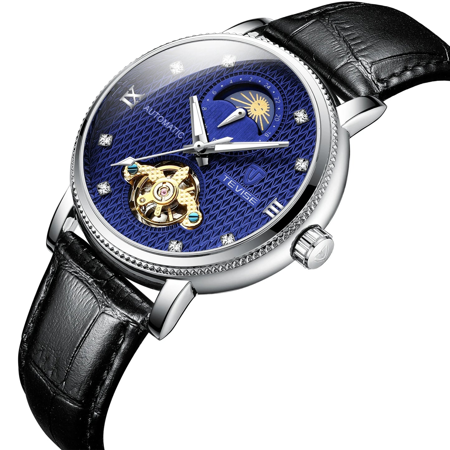 Tevise 612 Tourbillon Automatic Mechanical Movement Watch Business Moon Phase  Watch Leather Band Men's Watches