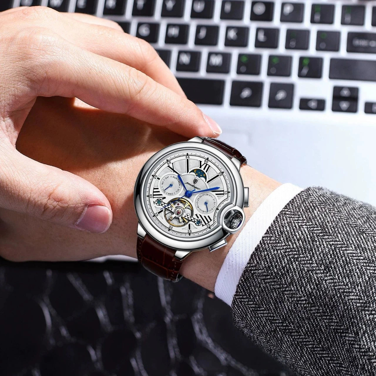 POEDAGAR 1413 Men's Automatic Mechanical Watch Multifunction Business Exquisite Gift for Men Friends Calendar Chronograph