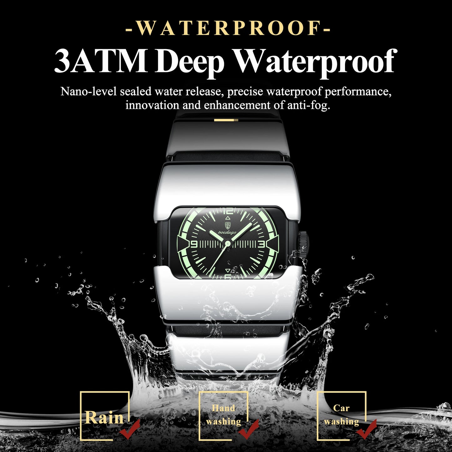 Poedagar 846 Luxury Men Square Quartz Watch Stainless Steel Strap Hardlex Glass 3ATM Waterproof Luminous Wrist Watch
