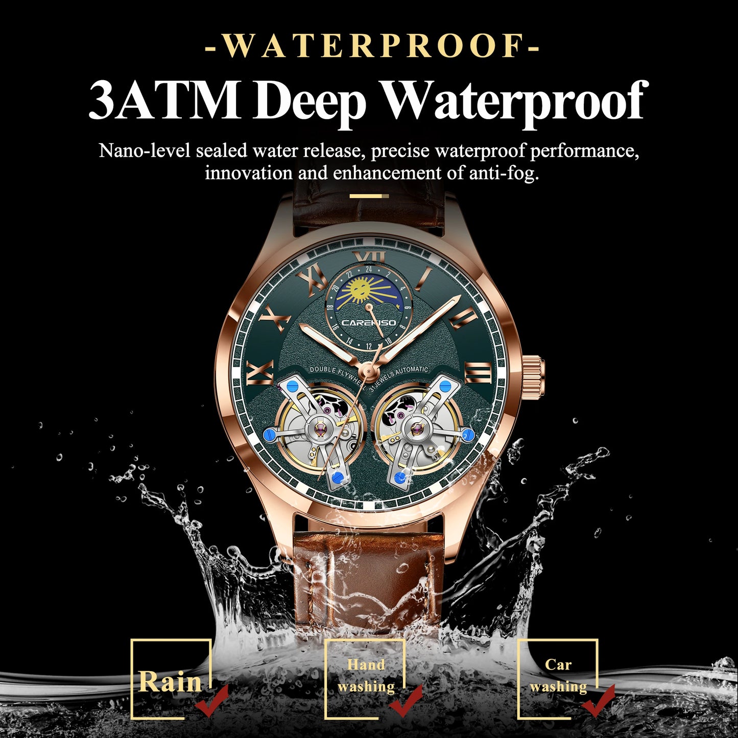 CAREKISO C123 Men Automatic Mechanical Watch Luxury Sport Leather Strap Waterproof Luminous Wristwatch