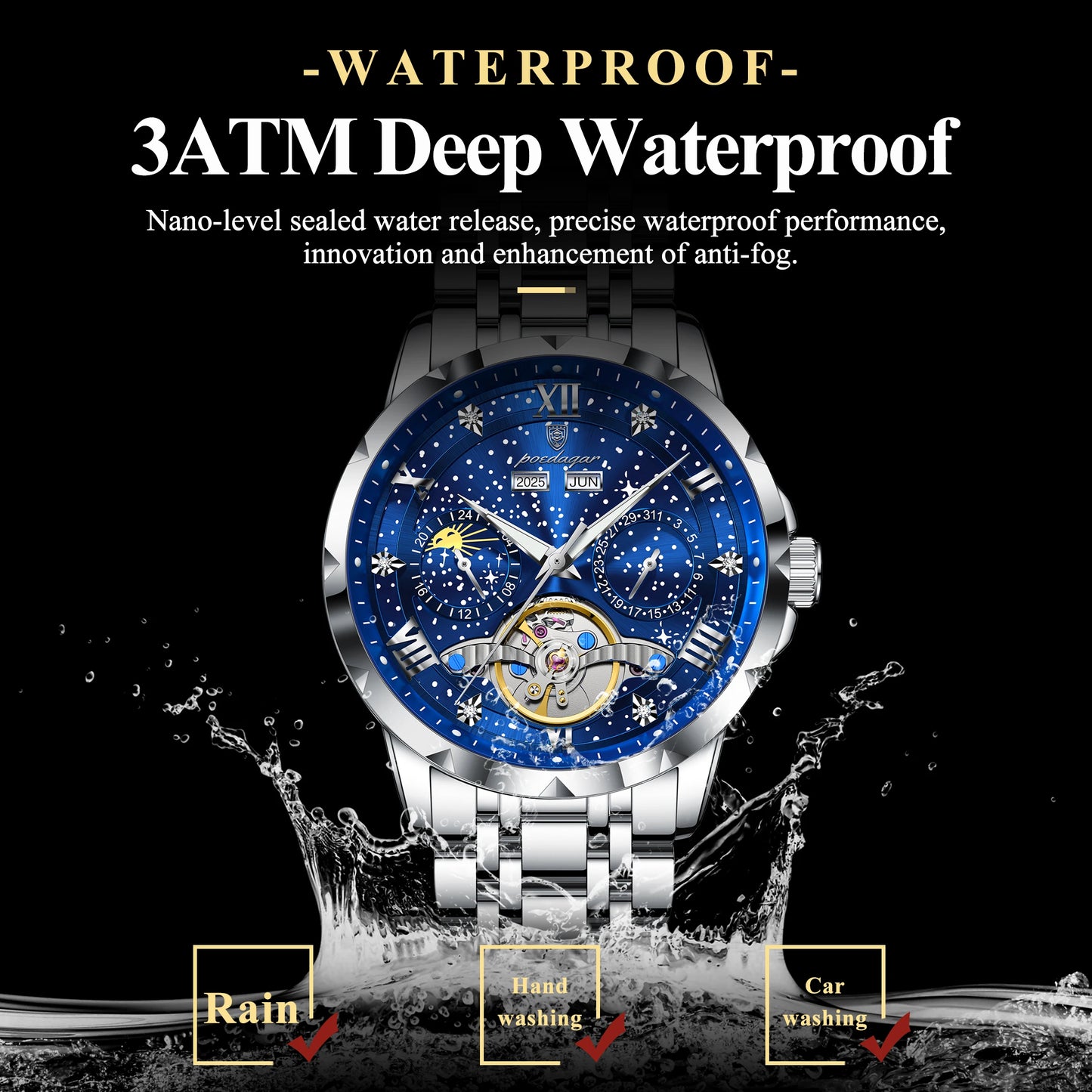 POEDAGAR 1420 Stainless Steel Tourbillon Automatic Movement 30M Waterproof Luminous Mechanical Watch for Men
