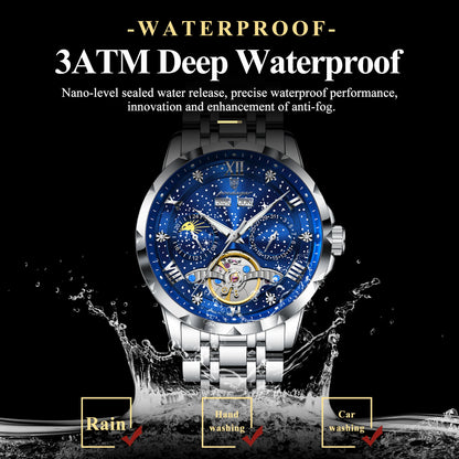 POEDAGAR 1420 Stainless Steel Tourbillon Automatic Movement 30M Waterproof Luminous Mechanical Watch for Men