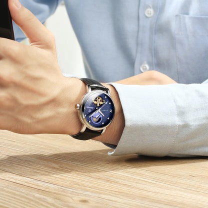 Tevise 612 Tourbillon Automatic Mechanical Movement Watch Business Moon Phase  Watch Leather Band Men's Watches