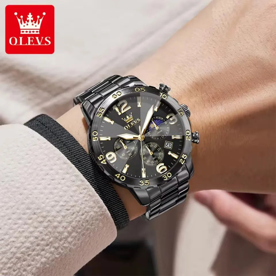 OLEVS 3678 Fashion Chronograph Quartz Big Dial Moon Phase Watches Waterproof Man Original Calendar Hand Stainless Watch for Men