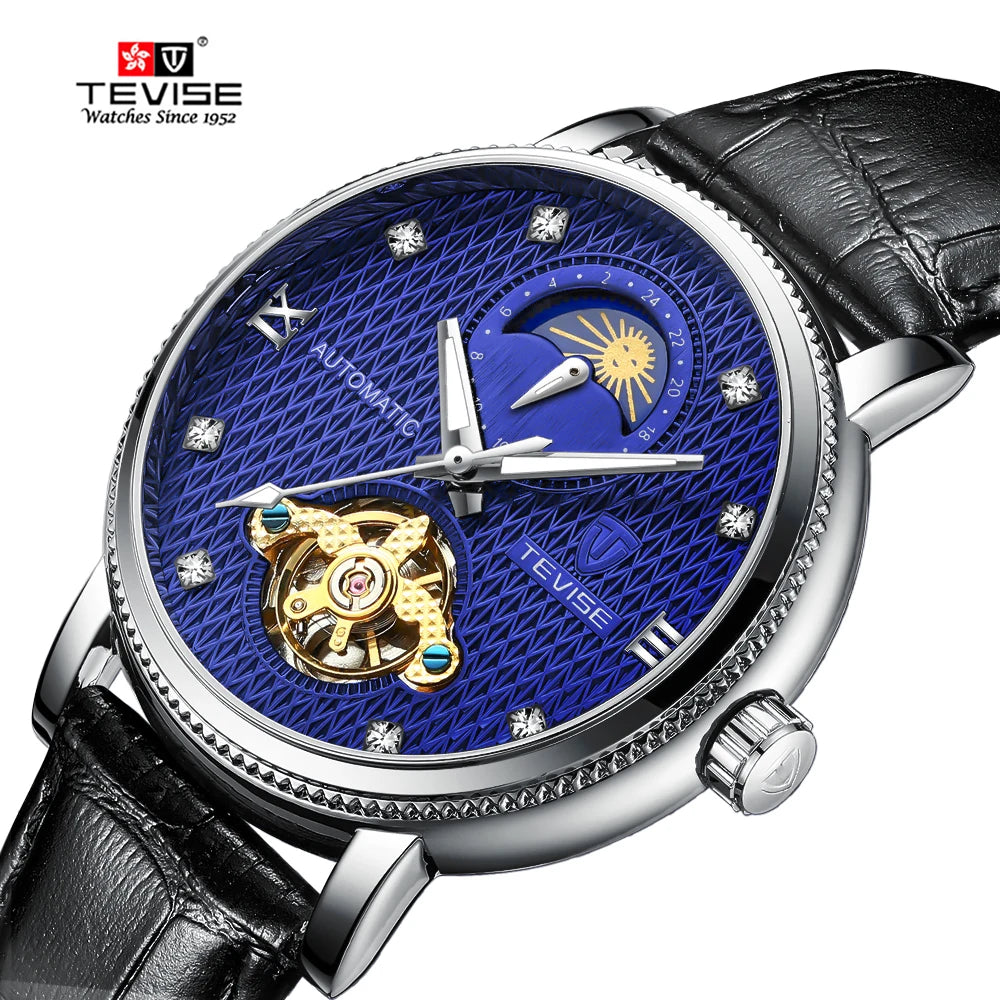 Tevise 612 Tourbillon Automatic Mechanical Movement Watch Business Moon Phase  Watch Leather Band Men's Watches