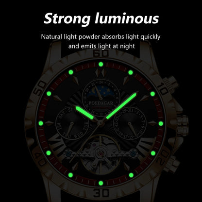 Poedagar 1410 Men Automatic Mechanical Watches Waterproof Luminous Stainless Steel Band Watch Hollow Tourbillon Wristwatches