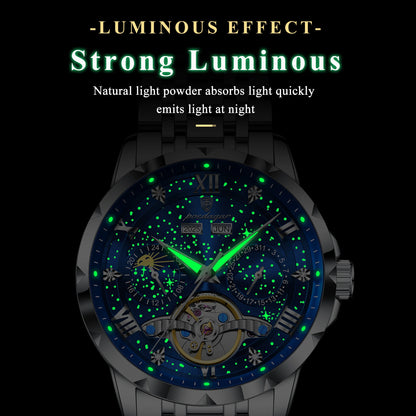 POEDAGAR 1420 Stainless Steel Tourbillon Automatic Movement 30M Waterproof Luminous Mechanical Watch for Men