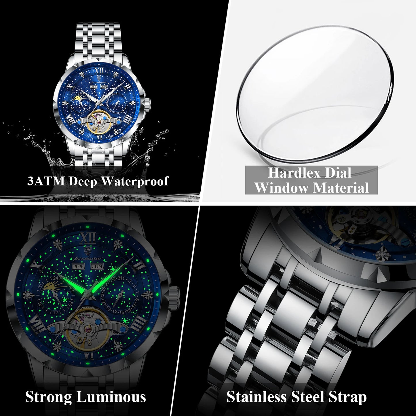 POEDAGAR 1420 Stainless Steel Tourbillon Automatic Movement 30M Waterproof Luminous Mechanical Watch for Men