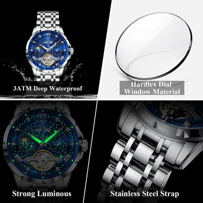 POEDAGAR 1420 Stainless Steel Tourbillon Automatic Movement 30M Waterproof Luminous Mechanical Watch for Men