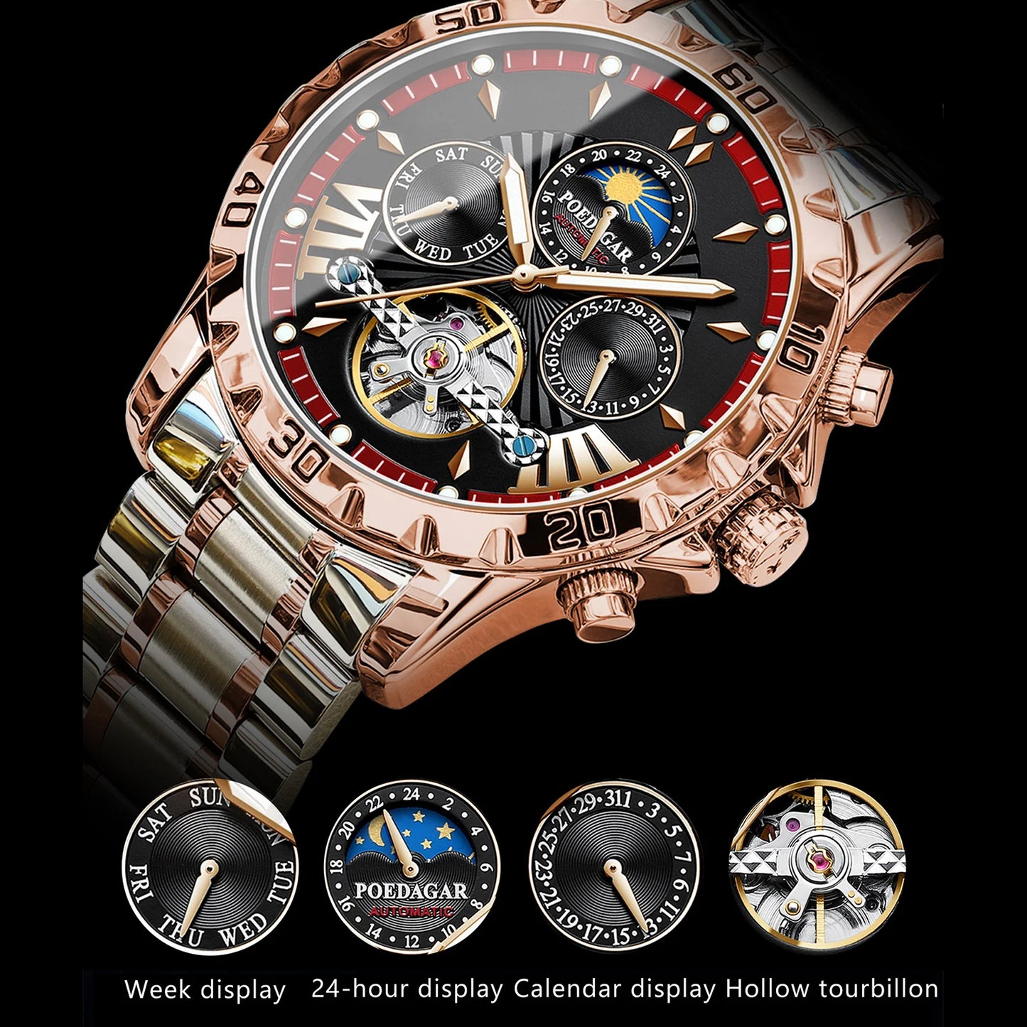 Poedagar 1410 Men Automatic Mechanical Watches Waterproof Luminous Stainless Steel Band Watch Hollow Tourbillon Wristwatches