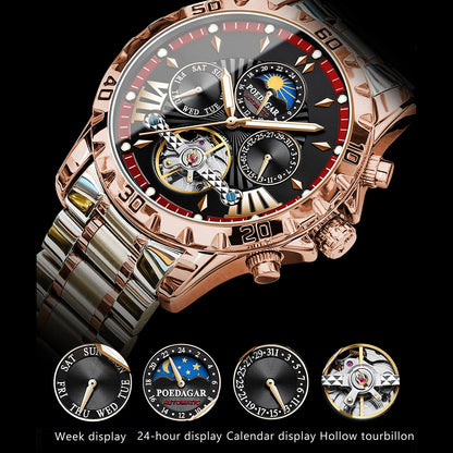 Poedagar 1410 Men Automatic Mechanical Watches Waterproof Luminous Stainless Steel Band Watch Hollow Tourbillon Wristwatches